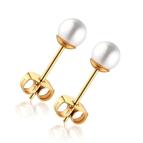 Titanium Ball Earrings Hypoallergenic Studs for Women Men Sensitive Ears Black 3mm 4mm 5mm Titanium Backs - style: 5mm pearl GD