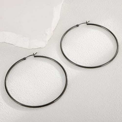 Gold Hoop Earrings for Women 14K Gold Plated | 925 Sterling Silver Post Hypoallergenic Hoop Earrings - color: Black, size: 70mm