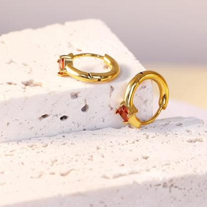 316L Surgical Steel Birthstone Hoop Earrings for Women | Lightweight, 5A Cubic Zirconia, Hypoallergenic, Lead & Nickel Free, 8mm Huggie Hoops - color: 18k gold-plated: 01. January (Garnet)