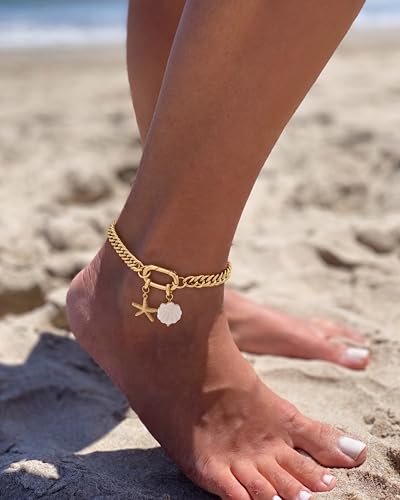 Moodear Gold Ankle Bracelets for Women Waterproof,14K Gold Plated Anklets | Waterproof, Non Tarnish Cuban Link Anklets, Trendy Jewelry Accessories for Summer Vacation, Beach Gifts for Women - style: Cuban Starfish Shell