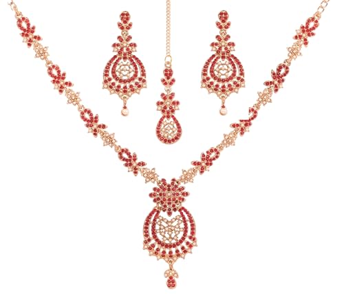 Touchstone Indian jewelry sets for women maang tikka wedding guest gold necklace bollywood jewellery set pageant elegant prom bride accessories western crystal chunky rhinestone necklaces - color: 1 Pink & pearl in antique gold plating