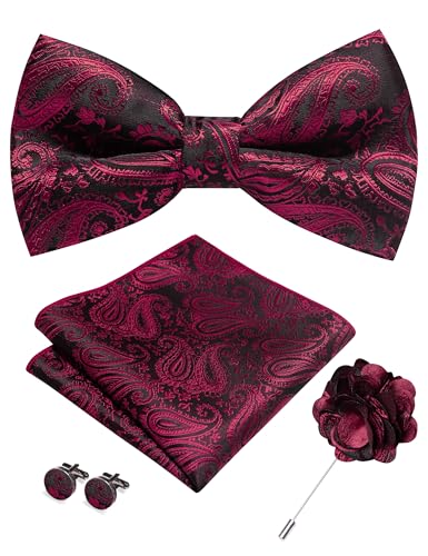 JEMYGINS Mens Paisley Bow Tie and Lapel Pin Necktie Pocket Square and Tie Clip with Sets for Business Casual 4PCS - color: Maroon