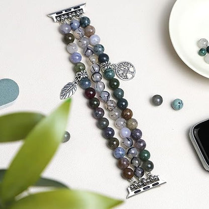Newlibery Natural Stone Bracelet Beaded-Band Women Compatible with Apple Watch 42mm(S3/2/1) 44/45/46/49mm Feminine Handmade Stretch Strap for iWatch Series 11/10/9/8/7/6/5/4/3/2/1 SE 3/2/1 Ultra1/2/3 - color: A2 Rhyolite jasper, size: 46(s10/11)/49/45/44/