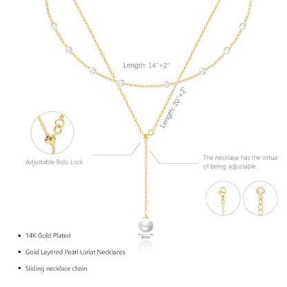 OGD Gold Pearl Necklace Set for Women 14K Plated Layered Daisy Choker Gift - color: 2PS-Lariat Pearl-Gold