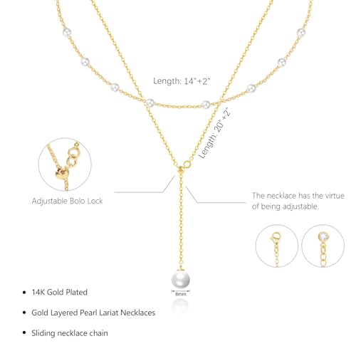 OGD Gold Pearl Necklace Set for Women 14K Plated Layered Daisy Choker Gift - color: 2PS-Lariat Pearl-Gold