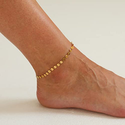 Dainty Ankle Bracelets for Women 18K Gold Plated Waterproof | Satellite Beaded Herringbone Lip Chain Anklets Simple Minimalist Summer Beach Foot Jewelry, Gift Box Included - color: Coin-Gold