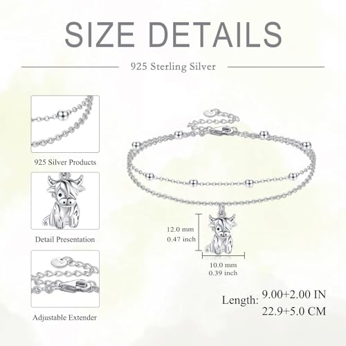 POPLYKE Frog/Pearl/Dragonfly/Ladybug/Highland Cow/Pearl/Moonstone Anklets Sterling Silver Double Layered Chain Beach Anklets for Women Foot Jewelry - style: Highland Cow Anklets