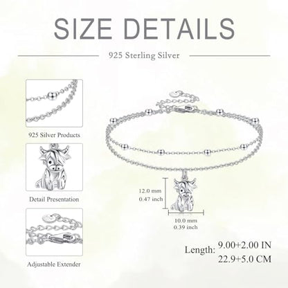 POPLYKE Frog/Pearl/Dragonfly/Ladybug/Highland Cow/Pearl/Moonstone Anklets Sterling Silver Double Layered Chain Beach Anklets for Women Foot Jewelry - style: Highland Cow Anklets