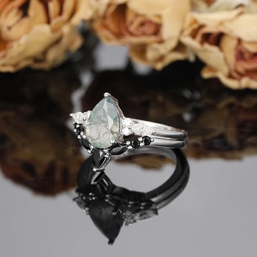 Moss Agate Bridal Wedding Rings Set for Women 925 Sterling Silver | Plated Platinum/Black Gold, Gothic, Vintage, Engagement Promise Ring, Anniversary Valentine Day Birthday Gift for Her - style: Platinum Plating Retro Cluster Ring