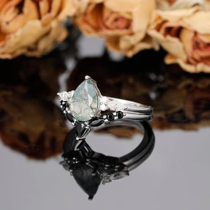 Moss Agate Bridal Wedding Rings Set for Women 925 Sterling Silver | Plated Platinum/Black Gold, Gothic, Vintage, Engagement Promise Ring, Anniversary Valentine Day Birthday Gift for Her - style: Platinum Plating Retro Cluster Ring