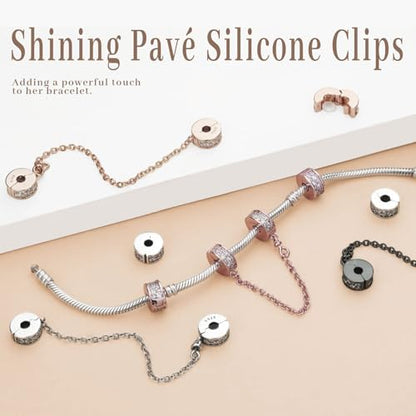 Annmors S925 Clip Spacer Safety Chain Stopper Charms for Pandora, Gift Mom Daughter Friend Sister Wife Grandma Girlfriend Fmaily On Christmas Mothers Valentines Halloween Graduation - color: B04-2pcs Pink Pavé Clip Charms