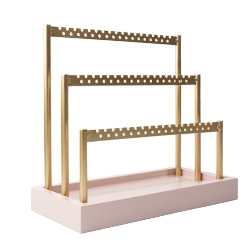SANY DAYO HOME 3-Tier Earring Holder Organizer Stand, 105 Holes Gold Metal Earring Rack Jewelry Display Tree with Pink Wood Tray for Women and Girls - color: Gold Rack Pink Base