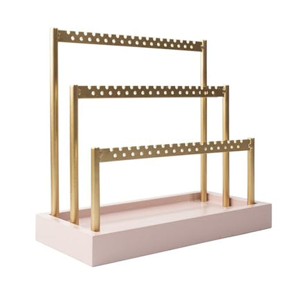 SANY DAYO HOME 3-Tier Earring Holder Organizer Stand, 105 Holes Gold Metal Earring Rack Jewelry Display Tree with Pink Wood Tray for Women and Girls - color: Gold Rack Pink Base