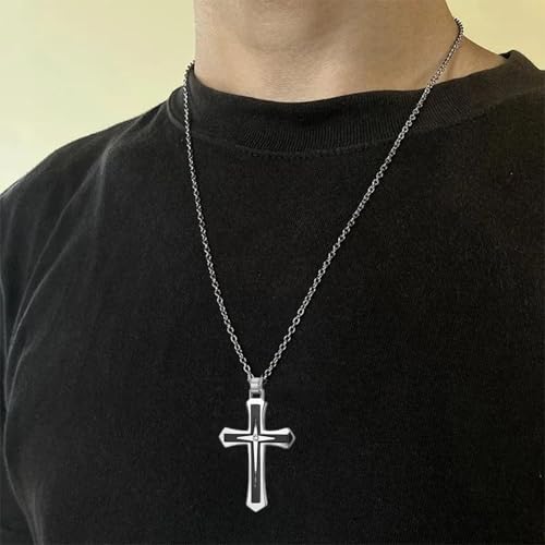 MOOSKI Cross Necklace for Men Stainless Steel Christ Jesus Jewelry 24"Chain | Religious christ Pendant ,Adjustable Rolo Chain,Gold Silver/Black Christian Jewelry Gift Women Men - color: Silver&Black