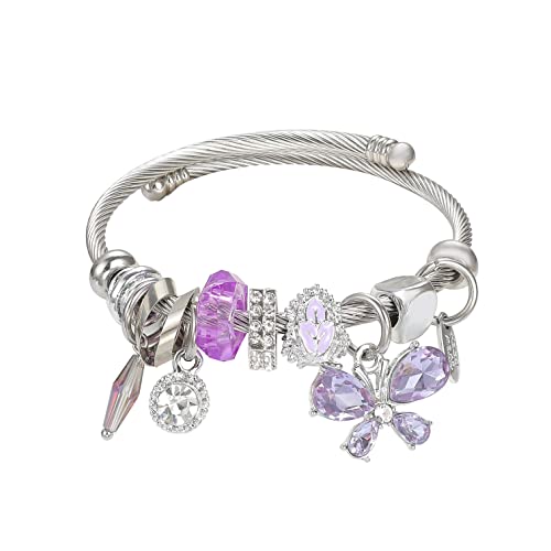DS Charm Bracelets for girls,exquisite cute cartoon friendship bracelets Silver Stainless Steel Bangle with birthday Gift box, Adjustable girls jewelry Suitable for holiday gifts - style: Silver-purple butterfly2
