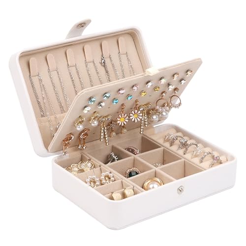 Travel Jewelry Case, Small Jewelry Box Organizer with Necklace Hooks Ring Slots and Removable Dividers for Storage and Organization - color: White-1