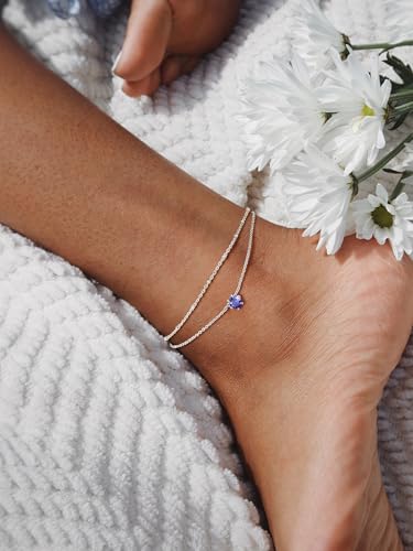 U7 Silver Ankle Bracelet for Women, Waterproof Layered Ankle Round Gem Birthstone Anklets, Summer Beach Foot Jewelry, Adjustable 8.5"-10.5" - color: 02.February-Amethyst Purple