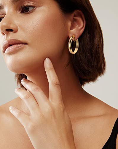WOWORAMA Chunky Gold Hoop Clip On Earrings for Women | Large Chunky Hoops Clips Earrings, Polished Gold-Plated Clip-On Hoops, Statement Non Pierced Jewelry - color: 30mm Flat Hoops