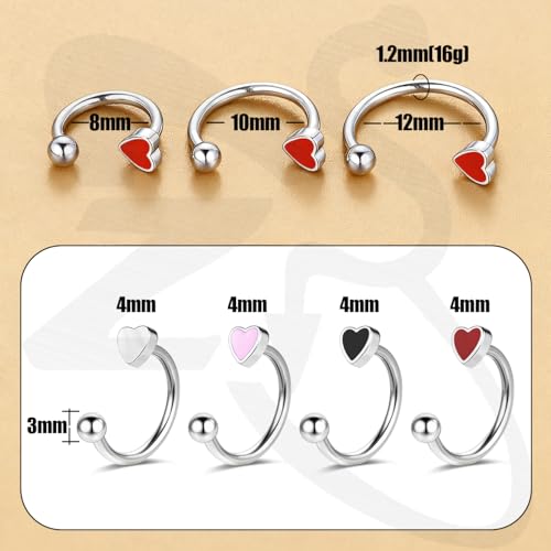 ZS 4Pcs Stainless Steel Heart Lip Rings Hoops Piercing, 16G C-shape U-shape Lip Rings, Internally Threaded Cartilage Helix Daith Earrings Jewelry for Women Men - color: C-shape Lip Rings, size: diameter:10mm