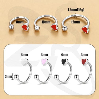 ZS 4Pcs Stainless Steel Heart Lip Rings Hoops Piercing, 16G C-shape U-shape Lip Rings, Internally Threaded Cartilage Helix Daith Earrings Jewelry for Women Men - color: C-shape Lip Rings, size: diameter:8mm