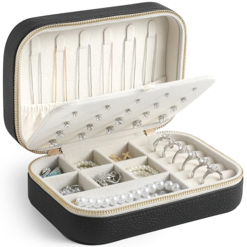 Genuine Leather Travel Jewelry Organizer Case for Women, Small Mini Portable Jewelry Box for Ring Earrings Necklace Bracelet Luxury Gift for Women Black - color: Black