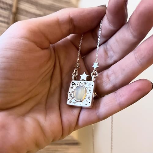 Personalized Color Print Photo Locket Custom Text Engraved Pendant Gold Tone Opal Star Moon Charm Necklace Gift - style: 1 Text (Gold-tone)