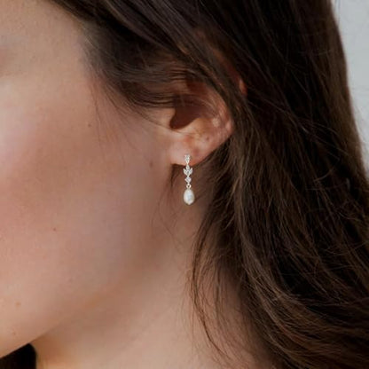 Pearl Earrings for Women:Gold Wedding Dangle Drop Earring Pearl Jewelry | 14K Gold Plated Pearl Drop Earrings for Women,Dainty Wedding Bride Earring Studs,Gold Dangle Drop Earring,Waterproof Jewelry - size: 1 pcs-11