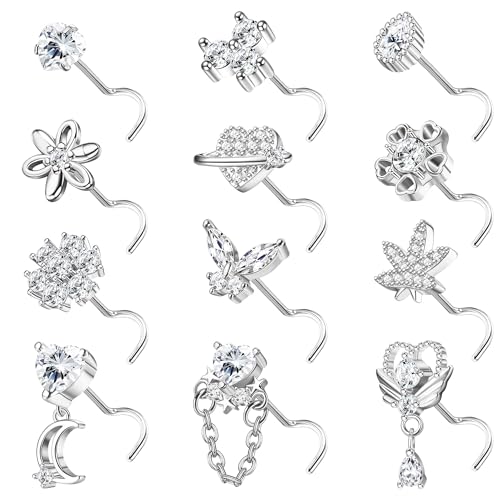 Sanfenly 12 PCS 20G Nose Rings Surgical Stainless Steel, L Shaped Nose Studs for Women Men, CZ Heart Butterfly Flower Leaf Moon Dangle Cute Nose Piercings Studs Screw Jewelry Pink/Purple/Blue/Clear - color: Screw Clear