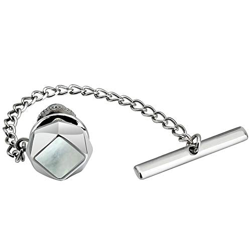HAWSON Tie Pins Tie Tacks for Men with Chain, Mens Jewelry or Accessories for Wedding Birthday Anniversary Christmas Valentine's Day - color: Silver + Mother of Pearl