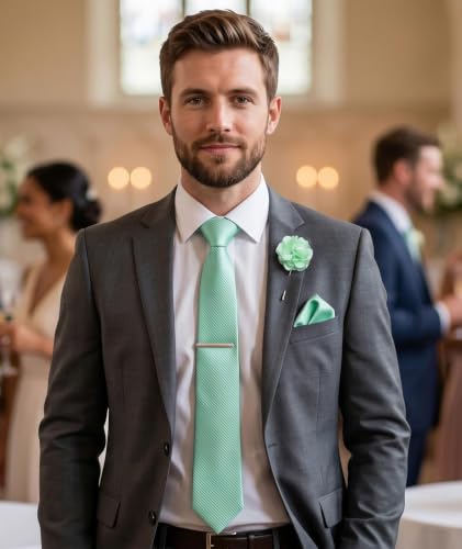 joy alice 30 Colors Solid Ties for Man Pure Color Men's Tie Set with Lapel Pin Pocket Square Tie Clip - color: Mint