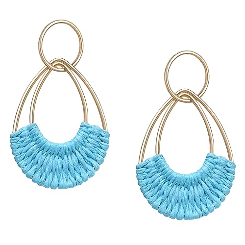 Raffia Hoop Earrings for Women Fun Boho Summer Beach Earrings Lightweight Handmade Straw Wicker Rattan Dangle Earrings Statement Geometric Round Drop Earrings - color: Light Blue - Teardrop