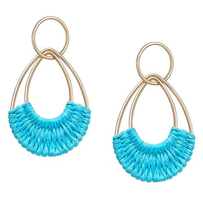 Raffia Hoop Earrings for Women Fun Boho Summer Beach Earrings Lightweight Handmade Straw Wicker Rattan Dangle Earrings Statement Geometric Round Drop Earrings - color: Light Blue - Teardrop