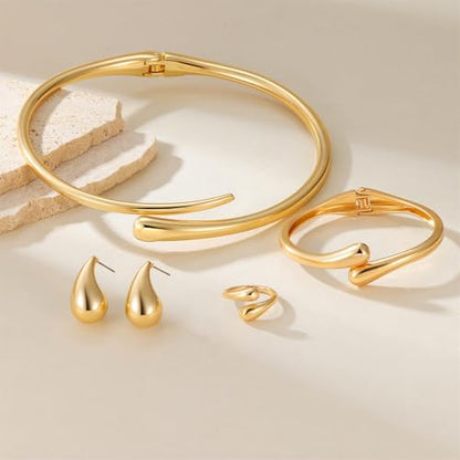 4 Pcs Chunky Gold Jewelry Set for Women, 14K Gold Plated Cuff Choker Collar Necklace, Teardrop Drop Earrings, Teardrop Wrap Ring, Hinged Cuff Bangle Bracelets, Statement Fashion Jewelry - color: Gold