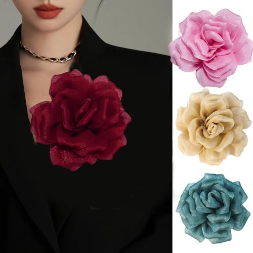 Flash Camellia Flower Brooch Pin for Women Men Elegant Texture Fabric Dahlia Rose Floral Brooches Lapel Pins Dainty Wedding Holiday Party Costume Dress Accessories Jewelry - color: Wine Red