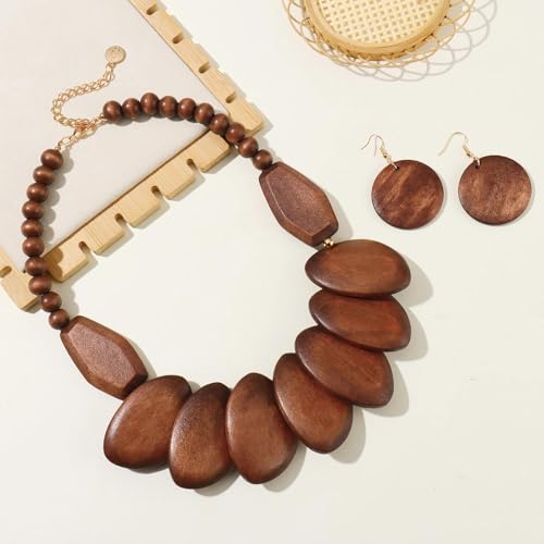 Coiris Chunky Wooden Necklace and Earring Set for Women Boho Statement Jewelry Ethnic Accessories - color: Brown
