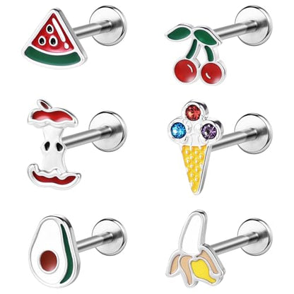 16G/18G Stud Piercings Jewelry Food Fruit Lip Studs Labret Ring Surgical Steel Flat Back Earrings for Nose Conch Lip Medusa Tragus Piercing Internal Thread - color: A, size: 1.2mm=16G;Bar Length:8mm