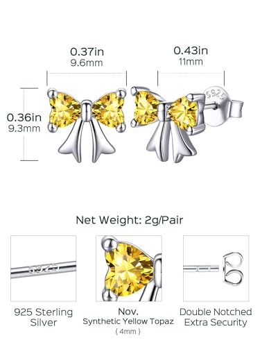 ChicSilver 925 Sterling Silver Bow/Butterfly Earrings for Women Hypoallergenic Birthstone Earrings Dainty Bow/Butterfly Jewelry Gift for Women - color: Bow-November-Yellow Topaz