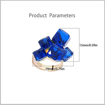 Hebelee Boho Square Crystal Statement Ring for Women Adjustable | Gold-Toned Expandable Promise Engagement Geometric Rings Comfort Fit Elegant Art Deco Christmas Cocktail Y2K Jewelry - color: Blue