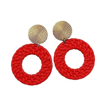 Boho Acrylic Geometric Round Braided Drop Dangle Earrings for Women - color: Red
