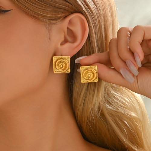 Chunky Stud Earrings for Women 18K Gold Plated Large Square Rectangle Geometric Round Swirl Stud Earrings Trendy Irregular Hammered Statement Earrings - color: Square Swirl-Gold