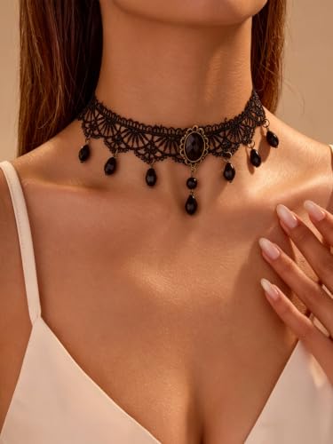 Lace Choker Necklace for Women Tassel Pendant Choker Necklaces Elegant Boho Collar Necklaces Statement Artistic Chain Necklace with Pearl Halloween Party Cosplay Costume Jewelry - color: Black Lace Pearl-2