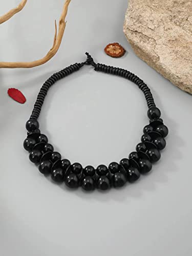 COLORFUL BLING Ethnic Large Chunky Wooden Beaded Necklaces Boho African Statement Necklace Handmade Tribal Collar Choker Bib Jewelry - color: joint black