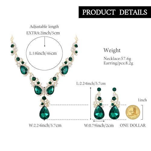 Women's Wedding Bridal Crystal Multi Teardrop Cluster Statement Necklace Dangle Earrings Set - color: Emerald Color Gold-Tone