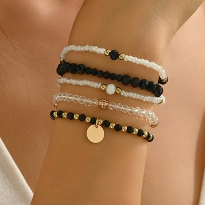 Bohemian Handmade Crystal Seed Beads Disc Pendant Colorful Multilayered Elastic Bracelets Stackable Stretch Strand Bangles Friendship Summer Beach Jewelry for Women - color: black