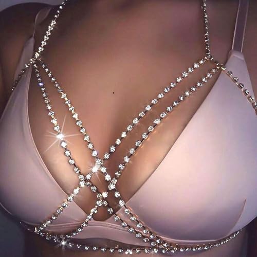 Body Chain Jewelry for Women, Layered Waist Chain for Bikinis | Sexy Body Jewelry, Adjustable Fit, Chest Belly Chain, Gold & Silver Options, Beach Vacation, Festivals Raves & Concerts - style: Cross Diamond1