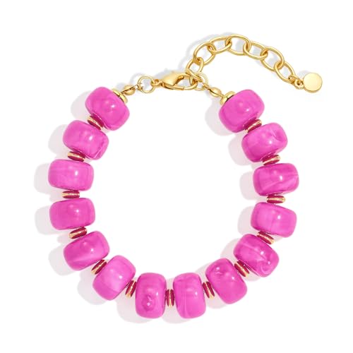 WOWORAMA Colorful Beaded Bracelets for Women Multicolor Acrylic Resin Beads Bracelet with Heart Charm Boho Statement Chunky Bracelet Summer Holiday Jewelry - color: Bead-Rose Red
