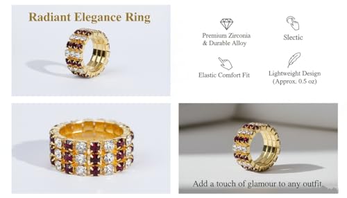 Sparkling Rhinestone Ring Set Trendy Elastic Rhinestone Crystal Stretch Ring Stackable Jewelry for Women Girls - color: 3 Rows Ring-Golden+White+Red
