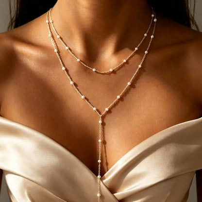 Luxval Lariat Silver Necklace for Women, Dainty Long Necklace Silver Y-Shaped Pendant Necklaces Trendy Beaded Chain Drop Necklaces Jewelry for Women Gifts - color: Gold-Y Pearl Necklace