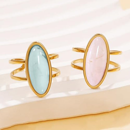 OIDIMS Fashion Geometric Oval Statement Ring for Women Gold-Tone Stainless Steel Dainty Faux Gemstone Adjustable Open Wedding Band Boho Trendy Comfirm Fit Wrap Finger Rings Cocktail Party Jewelry - color: Blue