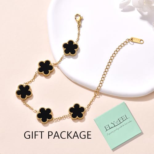 FLY FEI 18K Gold-Plated Four Leaf Clover Bracelet for Women,Adjustable lucky Bracelet Set Jewelry Gift-Hypoallergenic Charm for Birthdays, Wellness & Daily Wear - color: style01-Black